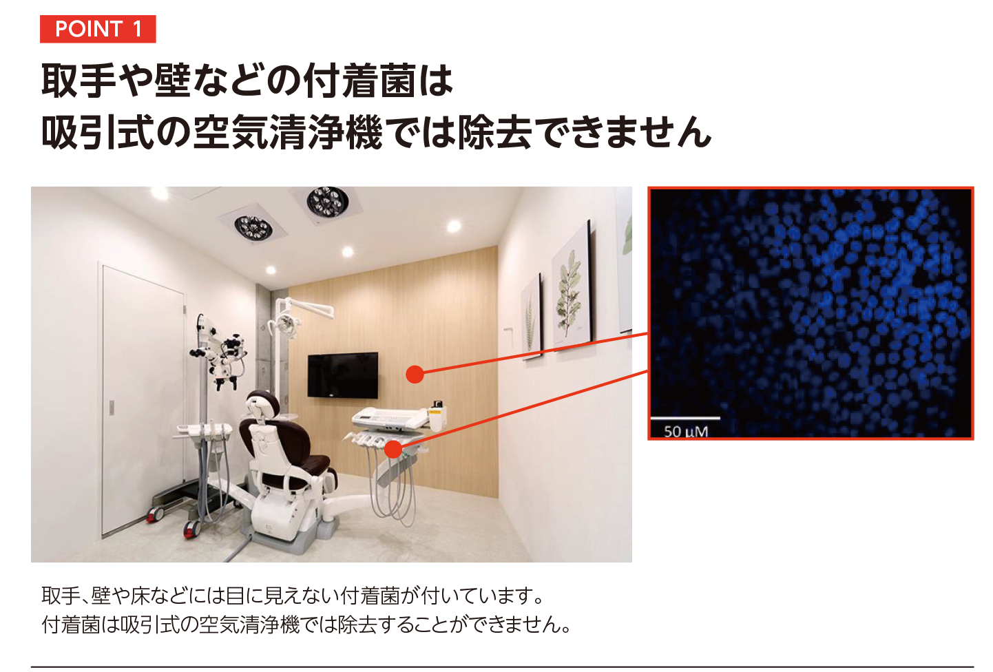 POINT 1│取手や壁などの付着菌は吸引式の空気清浄機では除去できません